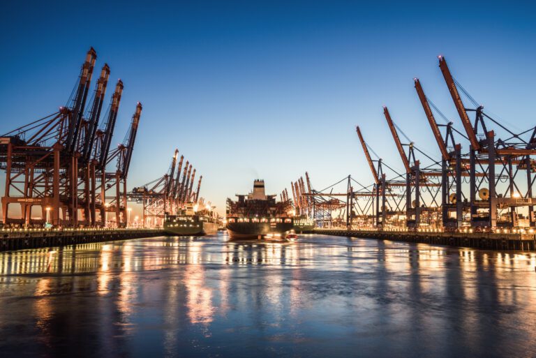 water shot of cranes at dusk